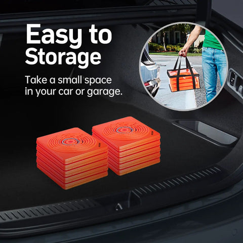 Two Pack 28 Inch Collapsible Traffic Cones With Reflective Collar stacked in car trunk for easy storage