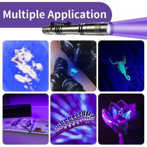 Two Pack 395nm UV Black Light Flashlights Mini Pen Light With Clip Waterproof For Pet Urine Stains Bed Bugs Hotel Inspection Dry Stains Leak Detection Scorpion Areas And Hidden Marks, shown with UV tests