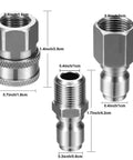 Stainless steel NPT 3/8in quick-connect adapter kit with male nipples and female plugs, front and side views, 2-pack.