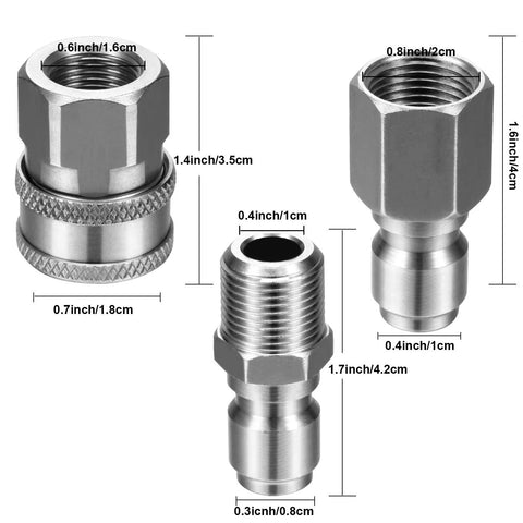 Stainless steel NPT 3/8in quick-connect adapter kit with male nipples and female plugs, front and side views, 2-pack.