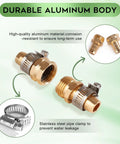 Garden Hose Repair Kit With Clamps And Fittings For 3/4 Inch Or 5/8 Inch Hoses showing aluminum connectors and steel clamps