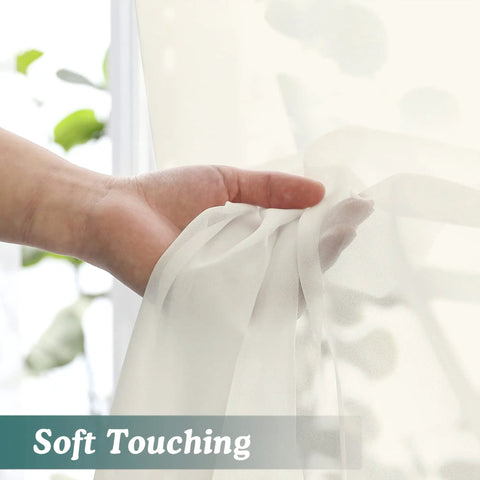 Close-up of a hand touching Sheer Curtain Tiers 2 Piece Set, Light Filtering Voile Window Curtains 42W X 24L Inches, Rod Pocket, Ivory