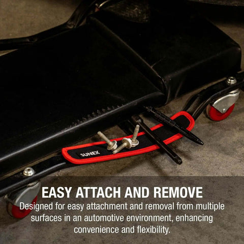 Magnetic PVC Tool Strip 2 Inch By 12 Inch With Strong Rare Earth Magnets Keeps Wrenches Sockets Pliers In Place In Engine Bay Or Garage Protective Outer Layer Prevents Scratches And Fluid Damage attached to mechanics creeper.