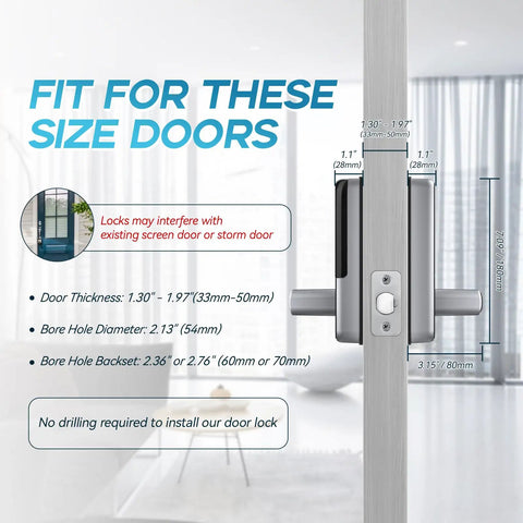 Drop The Clunky Keys On This Hassle Free Smart Door Lock With Fingerprint Scanner And Keypad Digital Entry Zero Sweat Auto Lock App Access For Home Or Rental Property Shield door size compatibility details showing measurements and installation guide.