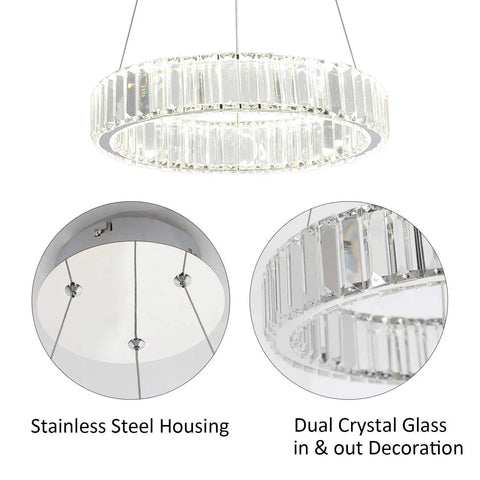 Elegant Modern Crystal Pendant Light for Dining and Living Rooms, 15.7 Inch Round Glass LED Fixture with stainless steel and crystals
