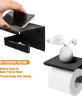 Matte Black Toilet Paper Holder With Shelf, stick on or wall mount bracket, holding smartphone and small vase