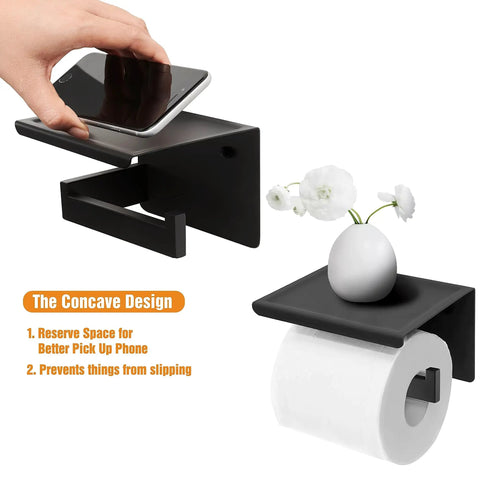Matte Black Toilet Paper Holder With Shelf, stick on or wall mount bracket, holding smartphone and small vase
