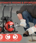 Heavy Duty Electric Drain Snake With 75 Foot Solid Steel Cable And 450 Watt Motor in use, clearing clogs from a pipe.