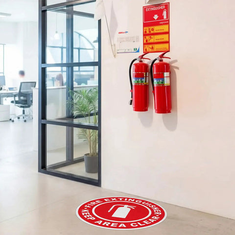 Set Of Ten Non Reflective Fire Extinguisher Keep Area Clear Floor Stickers Nailed Down Safety Zone Markers No Sweat Install Heavy Duty Quick Grip Bond Designed To Rock Solid On Concrete For Warehouses And Shops