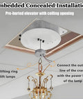 Heavy Duty Electric Chandelier Lift Kit With Remote Controls For Huge Pendant Lights Holds 88 Lbs Capacity To Clean High Lamps Effortless Without Climb Ladders Or Using Scaffolding For Quick Maintenance Jobs At Home - Embedded concealed installation view with lifting ring and connection details.