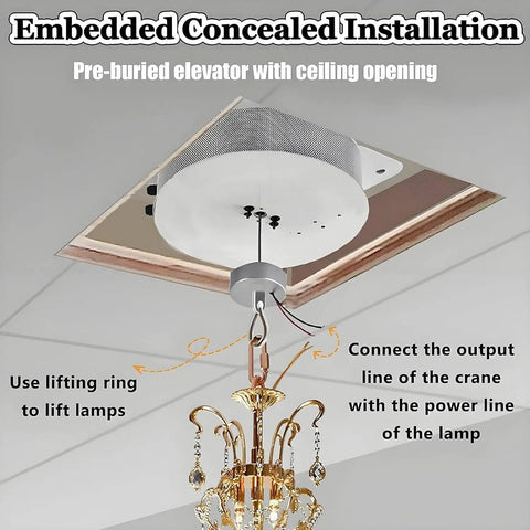Heavy Duty Electric Chandelier Lift Kit With Smart Remote Control For High Ceiling Pendant Lights, installation process shown.
