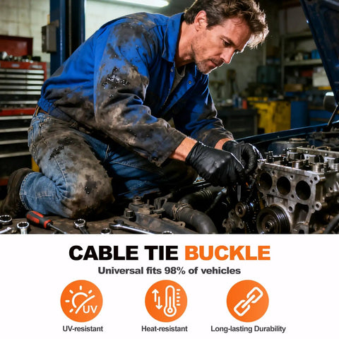 Mechanic using Nylon Universal Cable Tie Buckle Kit 50 Pcs Heavy Duty Pro Grade Fasteners for automotive repair.