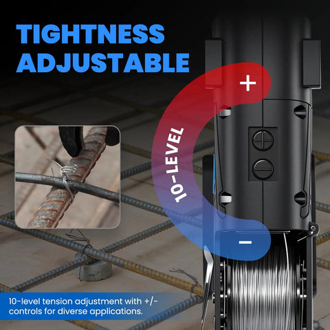 Newtry Cordless Rebar Tie Gun Automatic Electric Tying Tool With 12.8V Battery, showing 10-level adjustable tension controls for diverse applications.