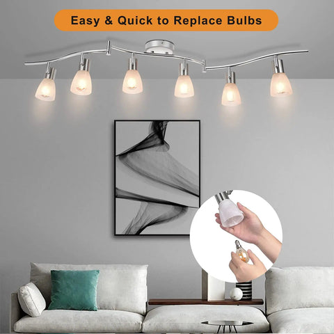 Living room with Six Light LED Track Lighting Kit With Frosted Glass Shades And Adjustable Heads In Brushed Nickel Modern Ceiling