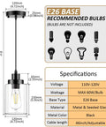 Specifications and design of Industrial Pendant Lighting Set With Clear Glass Shade, showing bulb compatibility and dimensions.