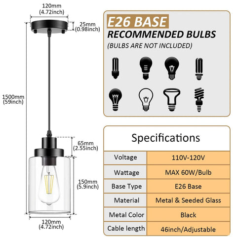 Specifications and design of Industrial Pendant Lighting Set With Clear Glass Shade, showing bulb compatibility and dimensions.