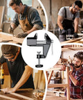 Heavy Duty Mini Work Bench Vise With Adjustable Quick Release Clamp used in woodworking projects by multiple craftsmen.