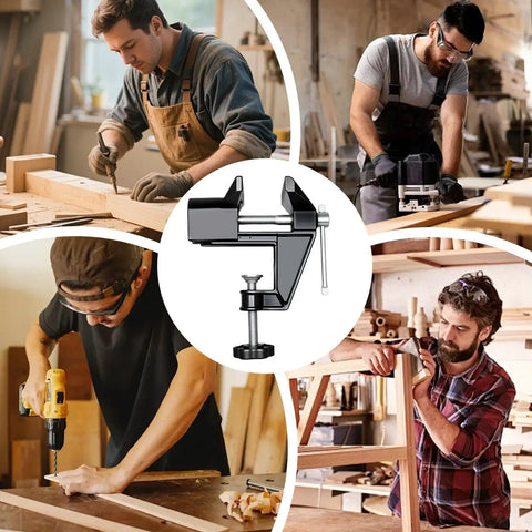 Heavy Duty Mini Work Bench Vise With Adjustable Quick Release Clamp used in woodworking projects by multiple craftsmen.