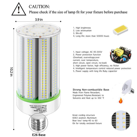Ultra Bright 100W LED Corn Bulb 14000 Lumen Daylight 5000K With Wide 360 Degree Beam AC 110 277 Volt Range E26 E39 Base features