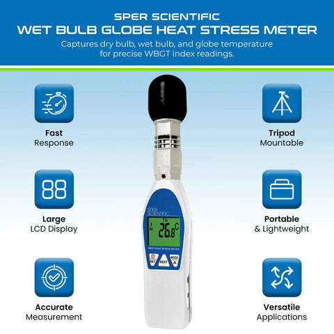 WBGT Heat Stress Meter With Dry Bulb, Wet Bulb, And Globe Temperature For Accurate Readouts In Workplace, Sports, And Outdoor Activities With Large LCD Display And Fast Pro Grade Sensing, handheld white device
