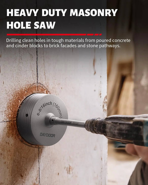 DAYDOOR 6-5/16 in concrete hole saw with SDS Plus shank, tungsten carbide tipped, installed on drill drilling cement.