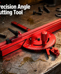 Precision Adjustable Miter Gauge For Table Saw With Solid Aluminum Fence And Smooth Ball Bearing Slide For Dead Straight Crosscuts, red aluminum tool on a workbench.