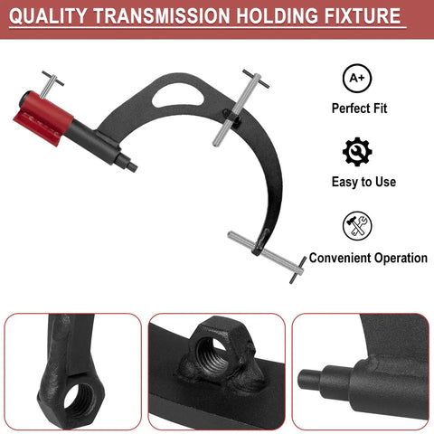 Transmission Holding Fixture Tool With Base for transmissions, showing clamps and steel components, perfect fit, easy operation.