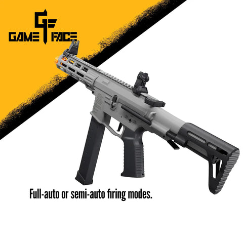 Cyclone AEG Full Auto And Semi Auto Airsoft Rifle With 12 Round Rotary Magazine close-up view with firing modes highlighted.