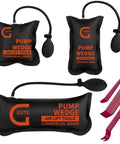 Air Wedge Bag Pump Kit, 3 Pack With 330 Lb Rating, Commercial Inflatable Wedge Bags In Three Sizes, Pro Grade Leveling And Alignment Tool Set, Built Tough Double Sided TPU Nylon Build, shown with included tools.