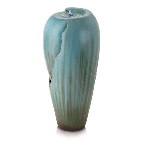 Outdoor Antique Jar Water Fountain With LED Lights 33 Inch Turquoise Cascading Water Feature For Garden Patio And Yard Decor