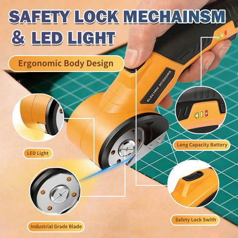 Heavy Duty Electric Cardboard Scissors With LED Light And Safety Lock Tungsten Steel Blade 2000Mah Battery, ergonomic design with LED and safety lock.