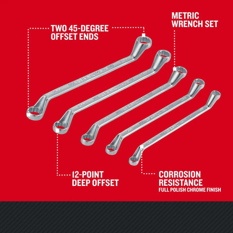 Deep Offset Metric Box End Wrench Set Must Have Five Piece 12 Point 45 Degree Angled Ends Chrome Finish Includes Handy Storage Tray