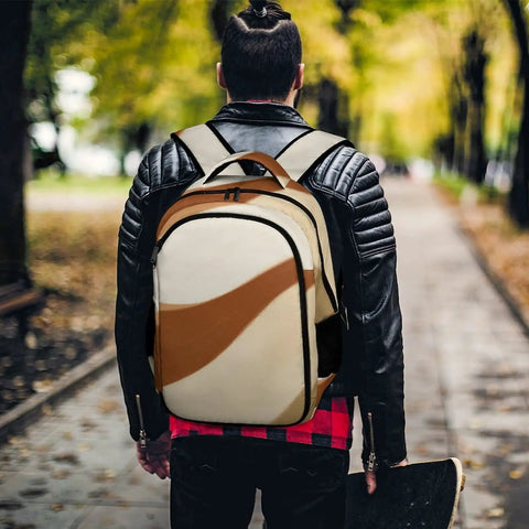 Earth Tone Abstract Curve Art Backpack For Men And Women worn by person in park