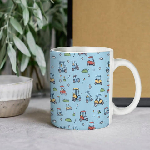Heavy Duty Ceramic Travel Coffee Mug Featuring A Stylish Golf Cart Design Perfect For Grabbing Your Daily Grind In The Kitchen Or Office Solid Build Tea Cup For Smooth Sips with colorful golf cart pattern.