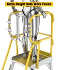 Top Shelf Heavy Duty Aluminum Rolling Platform Ladder With Smooth Glide Casters And Reinforced Safety Rails 375 Lb Capacity with extra height work fence.