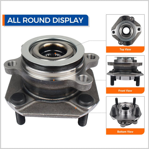 Set Of 2 Front Wheel Hub And Bearing Assemblies For Nissan Sentra 2007 To 2012 2L With ABS showing top, front, and bottom views