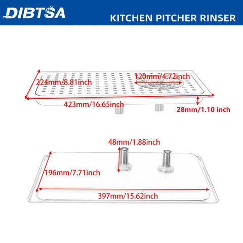 Glass Rinser For Espresso Cups And Milk Pitchers With Adjustable Spray Head dimensions chart, stainless steel drip tray view