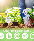 Gardener using 4 In 1 Soil Tester Meter for Gardening and Lawn Care, checks moisture, light, nutrients, and pH with no batteries required.