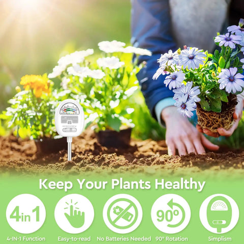 Gardener using 4 In 1 Soil Tester Meter for Gardening and Lawn Care, checks moisture, light, nutrients, and pH with no batteries required.