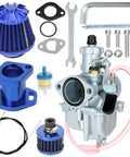 VM22 Carburetor Replacement for Predator 212cc 224cc GX200 Clones and Coleman 200cc Mini Bike Go Kart Engines Fits CT200U CT200U EX BT200X Baja Warrior Trailmaster 196cc 200cc 6 5HP Parts kit showing carburetor, air filter, mounting hardware, and tools.