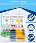Plastic Drywall Wall Anchors Kit with Screws in organized storage box, featuring various sizes and colors for easy access.