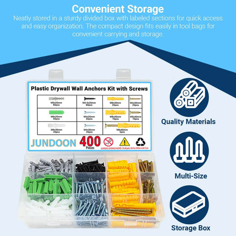 Plastic Drywall Wall Anchors Kit with Screws in organized storage box, featuring various sizes and colors for easy access.