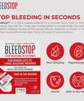 BleedStop first aid powder box, 4-pack 15g pouches, red icons for non-stinging, sterile, hypoallergenic, safe in wound.