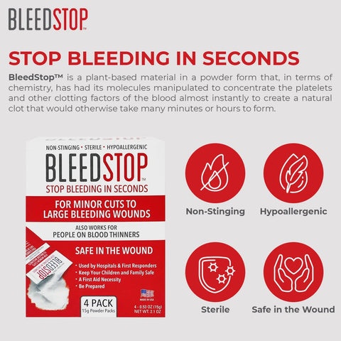 BleedStop first aid powder box, 4-pack 15g pouches, red icons for non-stinging, sterile, hypoallergenic, safe in wound.
