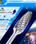 SF-5 tungsten carbide burr, tree-shaped double-cut; 1/4 in shank, 1/2 in cutter, 1 in length, Asieg Tool.