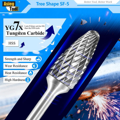 SF-5 tungsten carbide burr, tree-shaped double-cut; 1/4 in shank, 1/2 in cutter, 1 in length, Asieg Tool.