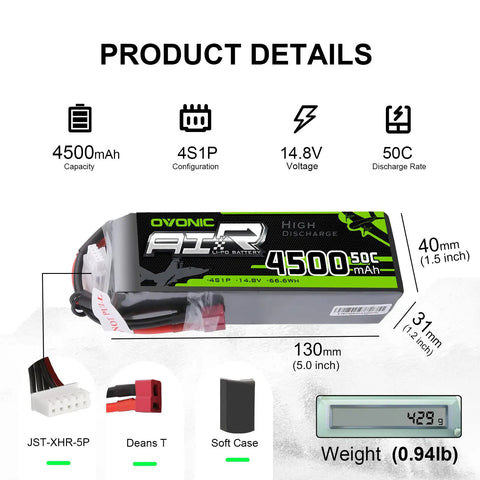 Two 4S 14.8V 4500mAh 50C LiPo Battery Packs With Dean-Style T Plugs for RC cars, showing battery details and components.