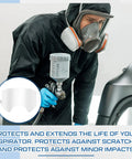 Person wearing a 6000 series full face respirator with replacement lens and peel-off covers in a spray painting task
