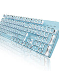 Top Shelf Retro Typewriter Mechanical Keyboard With Hella Crisp Blue Switches And Long Lasting Rechargeable Battery For Slick Triple Mode Gaming Setup Compatible On Windows Mac Pc Devices, blue chassis and round keys.
