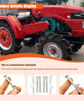 Set Of Four Clevis Pins With R Clips One Quarter Inch Diameter By Two And One Half Inch Length Rust Resistant Coated Heavy Duty Hardware displayed with a red tractor in the background